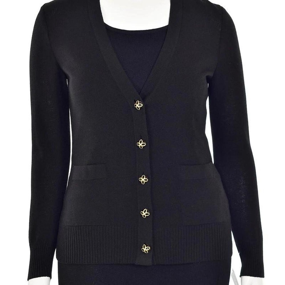 St. John Caviar Santana Knit V-Neck Cardigan Black Size P